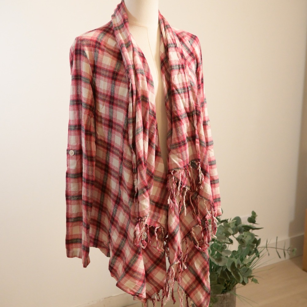 Billabong Womens Red Plaid Waterfall Fringed Cardigan Wrap Top J510DONC Size S